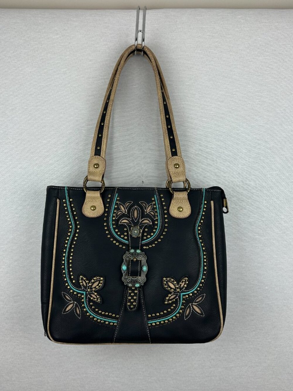 AMERICAN BLING WESTERN CONCEALED CARRY PURSE EMBROIDERED TURQUOISE DESIGN, BLACK